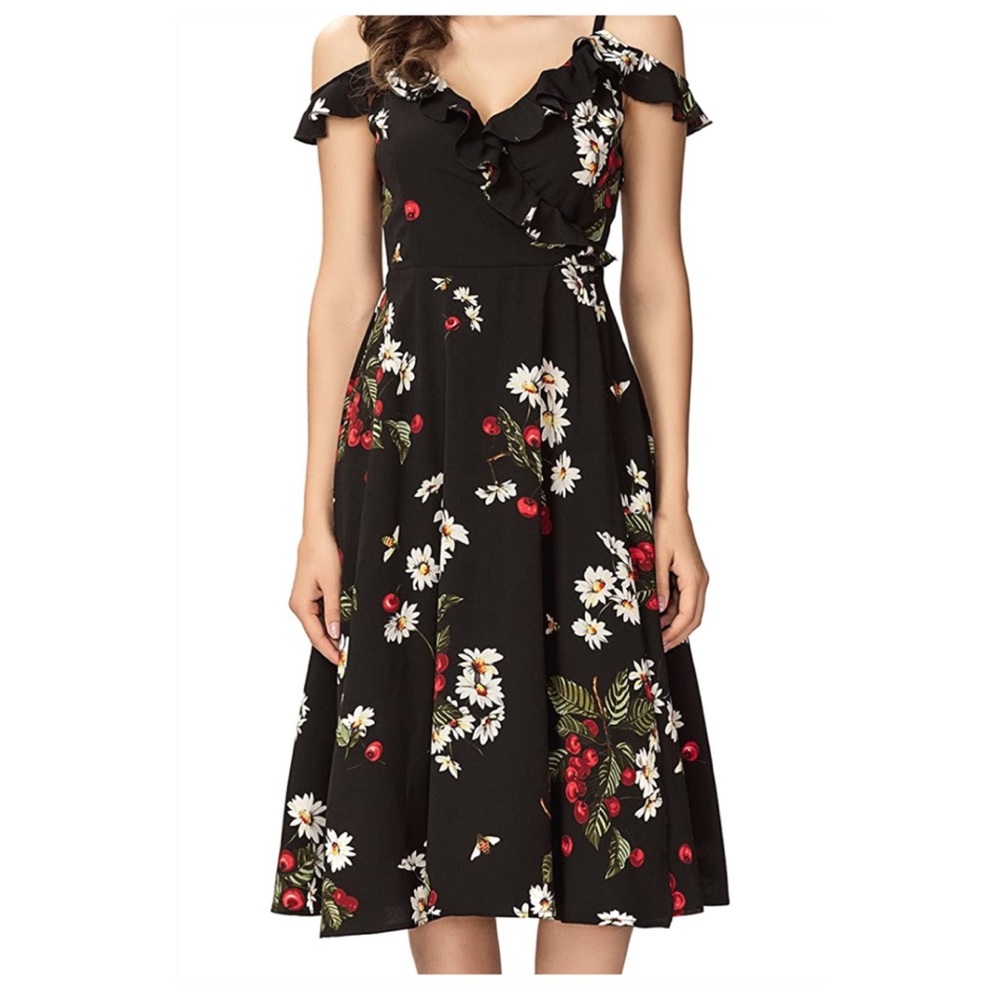 Cherry and daisy black summer dress